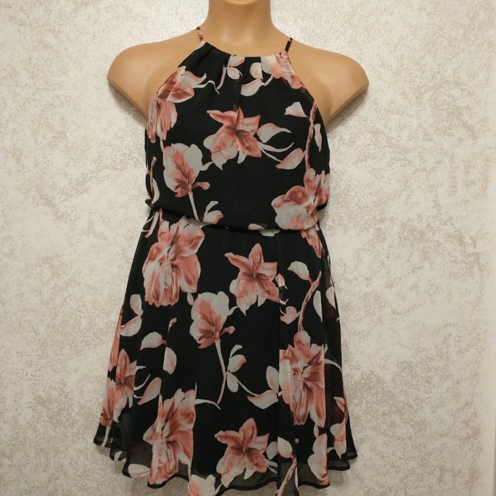 Lush Black and Pink Floral Halter Top Dress